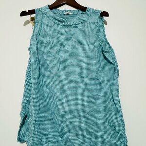 Eileen Fisher Puckered Organic Linen Sleeveless Shirt Green Check Tunic Large